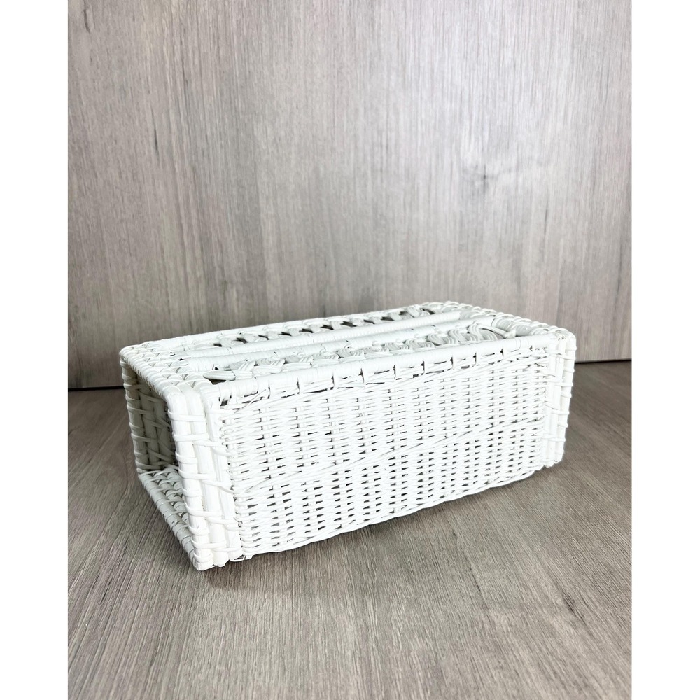 Vintage Wicker Rattan White Tissue Box Holder Shabby Chic Country Cottage